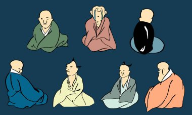 Kimono giyerek Japon tıraşlarının çizdiği vektör illüstrasyonu