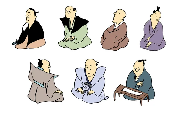 日本人穿着和服刮胡子所画的矢量图解 — 图库矢量图片