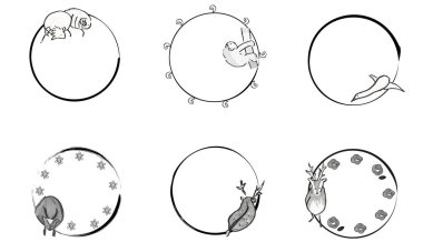 El boyaması sevimli hayvanların Japon tarzı dairesel çerçevesi.