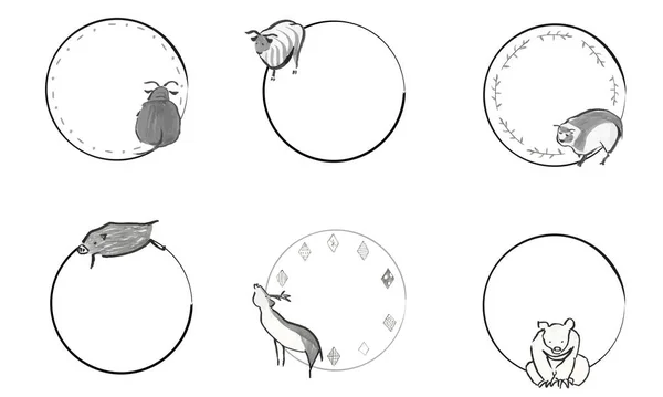 日本风格的手绘可爱动物圆形框架 — 图库矢量图片