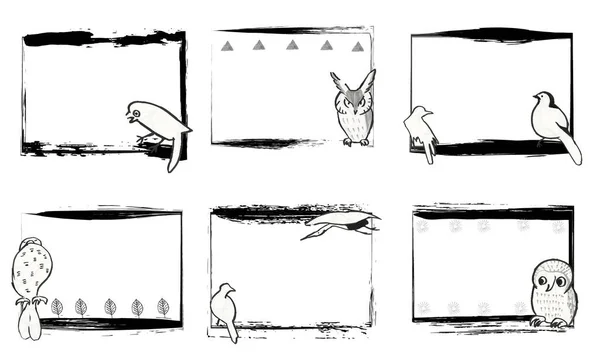 かわいい和鳥の正方形の手描きのフレーム — ストックベクタ