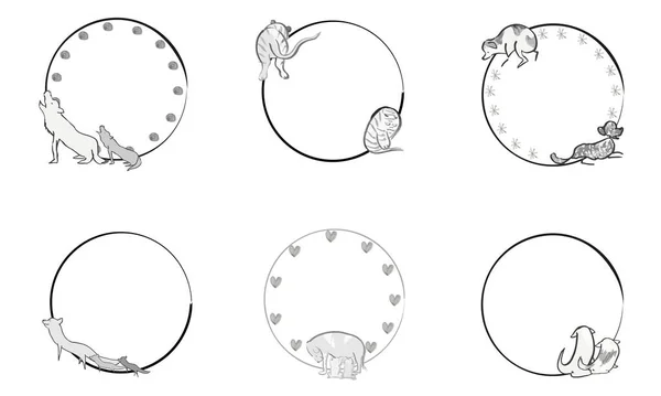 手描きのかわいい動物の和柄丸枠 — ストックベクタ