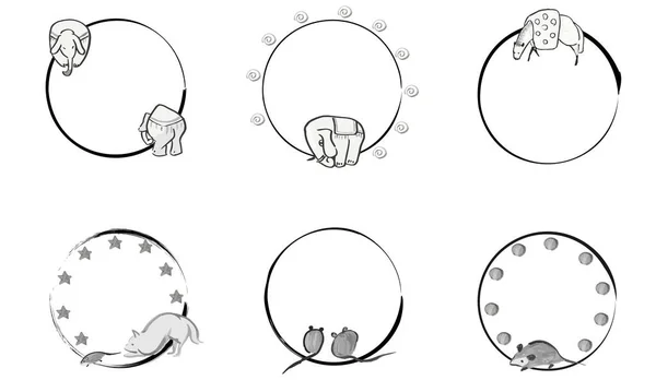 Ιαπωνικού Τύπου Κυκλικό Πλαίσιο Ζωγραφισμένα Στο Χέρι Χαριτωμένα Ζώα — Διανυσματικό Αρχείο