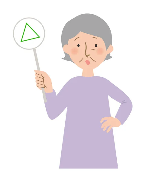 三角形のタグを持つ上半身ベクトルイラストのおばあちゃん 灰色の髪の東洋のおばあちゃん — ストックベクタ