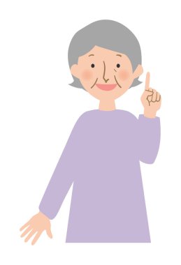 Vektör çizimlerinin büyükannesi işaret parmağına doğru açıklayacak. Gri saçlı doğulu büyükanneye.