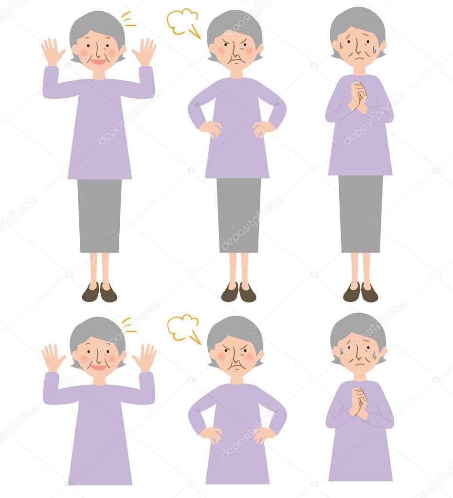 Pleasant surprise, anger, grandma of the anxiety facial expressions upper body and the whole body of vector illustrations -Oriental grandma with gray hair