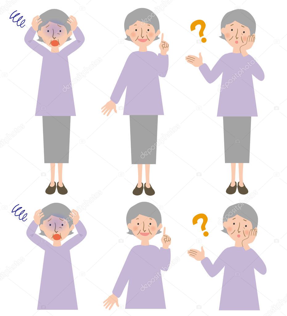 Turn pale and worried, pointing to the top with the index finger, grandma wondering vector illustration -Oriental grandma with gray hair