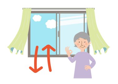 Bir pencere açarak ve sallanan vektör illüstrasyonlarını perdeleyerek havalandırma - Koronavirüsleri önlemek için gereken eylemler