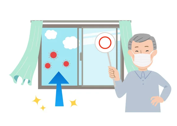ウィンドウとカーテンの揺れベクトルイラストを開くことによって換気 コロナウイルスを防ぐために必要なアクション — ストックベクタ