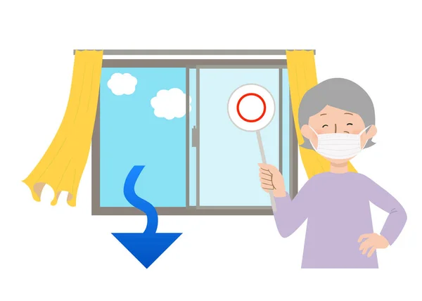 ウィンドウとカーテンの揺れベクトルイラストを開くことによって換気 コロナウイルスを防ぐために必要なアクション — ストックベクタ