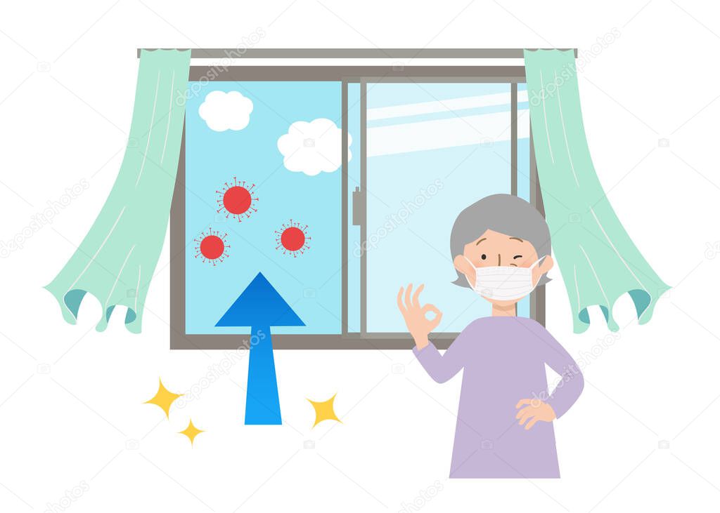 Ventilate by opening a window and curtains sway vector illustrations - Actions needed to prevent coronaviruses