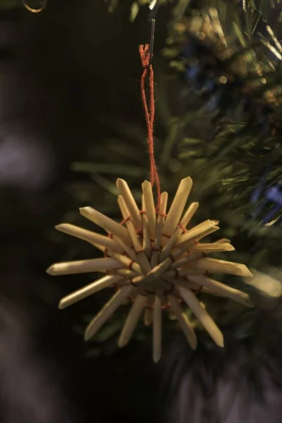 Belos ornamentos feitos de palha em uma árvore de Natal — Fotografia de Stock