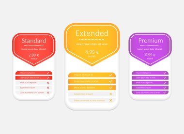 Web siteleri ve uygulamalar için planları fiyatlandırma koleksiyonu. Tablo başlık sayfası barındırma. Vektör çizim