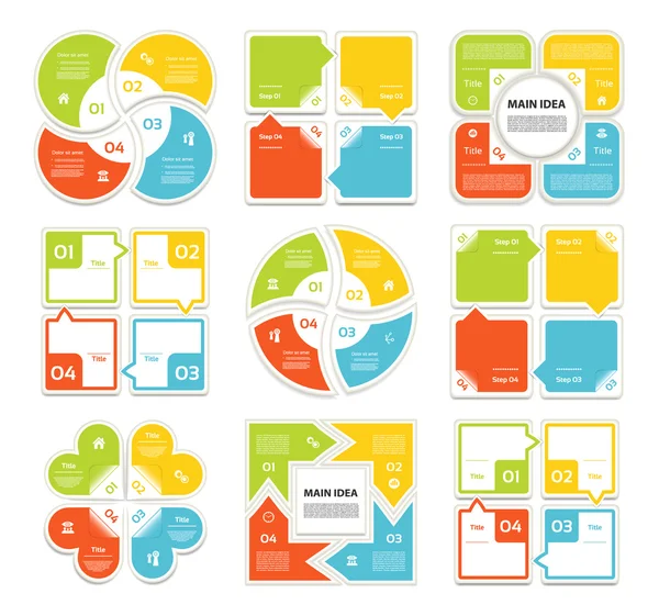 Vektör daire okları infographics kümesi şeritler. Döngü diyagramı, grafik, sunum ve yuvarlak grafik şablonu. 4 seçenekleri, parçalar, adımları veya işlemler ile iş kavramı. Pazarlama veri broşürü.