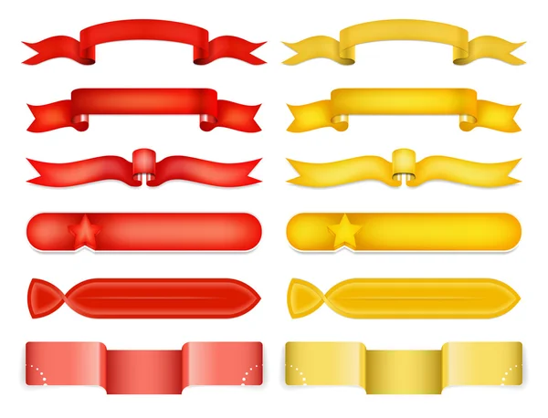 赤と黄色の光沢のあるリボン ベクトル バナー設定 — ストックベクタ