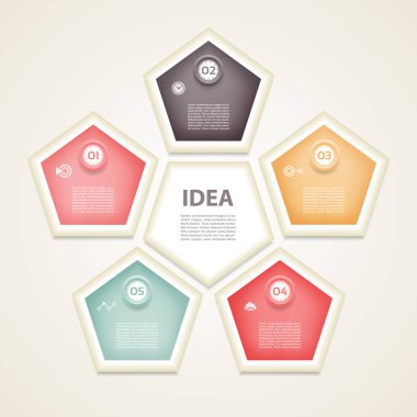 Vektör Infographic tasarım şablonu. 5 seçenekleri, parçalar, adımları veya işlemler ile iş kavramı. Kullanılabilir iş akışı düzeni, diyagram, numarası seçenekleri, web tasarım için. Veri görselleştirme.