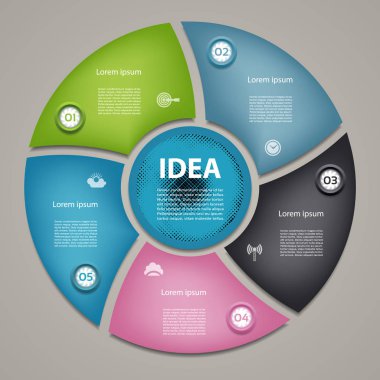 Vektör daire Infographic. Döngü diyagramı, grafik, sunum ve yuvarlak grafik şablonu. 5 seçenekleri, parçalar, adımları veya işlemler ile iş kavramı. Arka plan