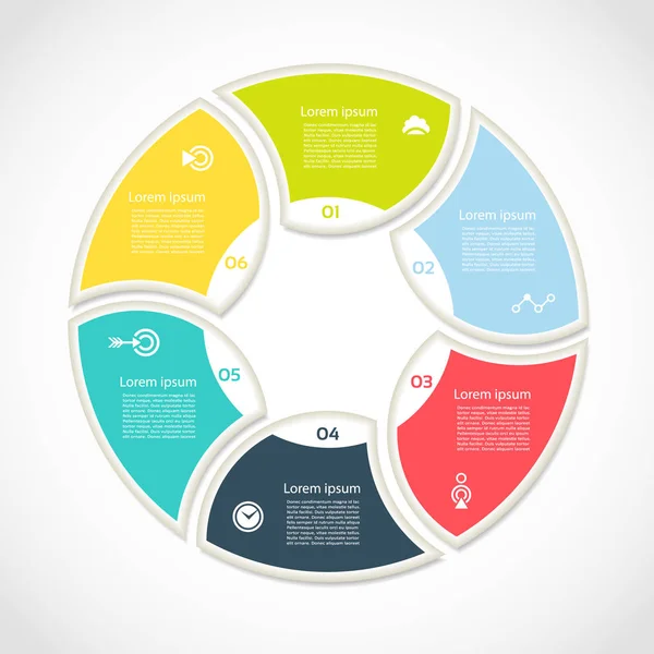 Infográfico do círculo vetorial. Modelo para diagrama de ciclo, gráfico, apresentação e gráfico redondo. Conceito de negócio com 6 opções, peças, passos ou processos. Contexto abstrato — Vetor de Stock