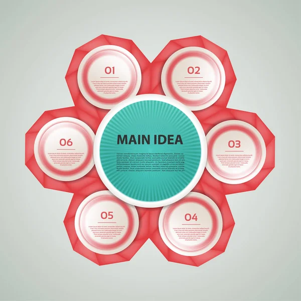 Infographie en cercle vectoriel. Modèle pour diagramme de cycle, graphique, présentation et diagramme rond. Concept d'entreprise avec 6 options, pièces, étapes ou processus. Contexte abstrait — Image vectorielle