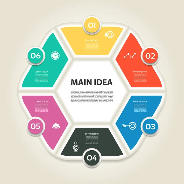 Infográficos de ilustração vetorial seis opções. Modelo para brochura, negócios, web design — Vetor de Stock