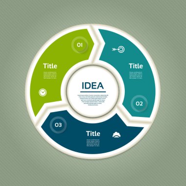 Bilgi grafiği için vektör daire okları. Bisiklet diyagramı, grafik, sunu ve yuvarlak grafik için şablon. 3 seçenek, parça, adım veya süreç ile iş konsepti. Soyut arka plan.