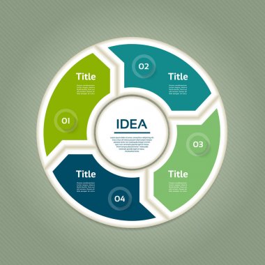 Bilgi grafiği için vektör daire okları. Bisiklet diyagramı, grafik, sunu ve yuvarlak grafik için şablon. 4 seçenek, parça, adım veya süreç ile iş konsepti. Soyut arka plan.