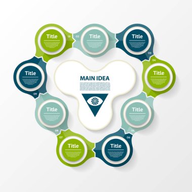 Vektör çemberi bilgisi. Şablon, grafik, sunum ve grafik. 9 seçenekli iş konsepti, parçalar, adımlar veya süreçler. Soyut arkaplan