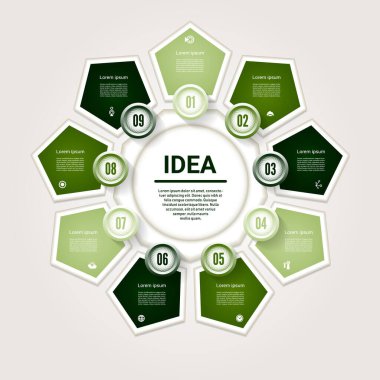 Vektör bilgisi. Şablon, grafik, sunum ve grafik. 9 seçenekli iş konsepti, parçalar, adımlar veya süreçler. Vektör diyagramı. İlerleme arkaplanı.