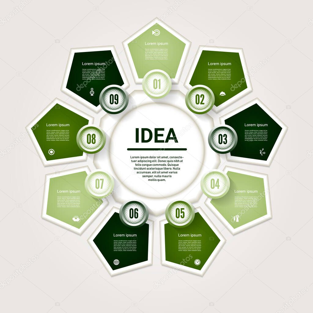 Vector infographic. Template for diagram, graph, presentation and chart. Business concept with 9 options, parts, steps or processes. Vector diagram. Progress background.