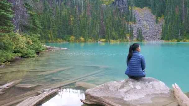 Joffre jezero Whistler Kanada, mladí muži navštíví Joffre Lake Park Britská Kolumbie Kanada, žena sedí u jezera — Stock video