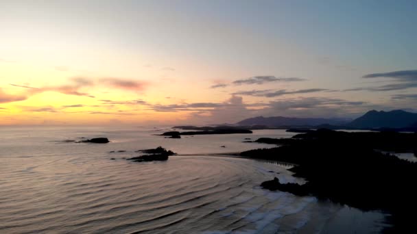 Tofino vancouver island, Luftaufnahme am Strand von tofino mit Surfern während des Sonnenuntergangs vancouver island canada — Stockvideo