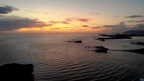 Tofino Vancouver Island, aerial view at the beach of Tofino with people surfing during sunset Vancouver Island Canada — ストック動画