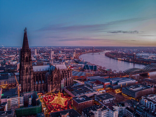 Cologne Germany Christmas market, aerial drone view over Cologne rhine river Germany Europe