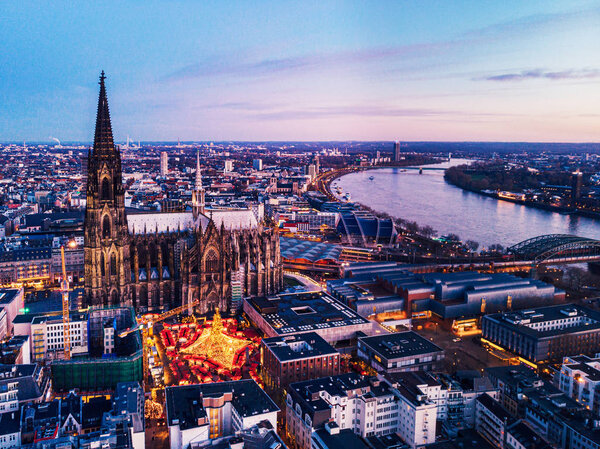 Cologne Germany Christmas market, aerial drone view over Cologne rhine river Germany Europe