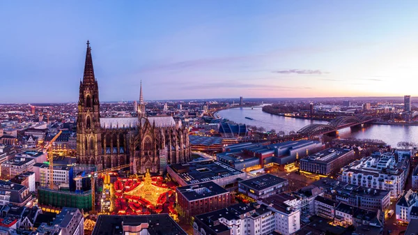 Cologne Germany Christmas market, aerial drone view over Cologne rhine river Germany — Stock Photo, Image