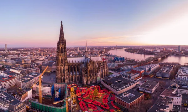 Cologne Germany Christmas market, aerial drone view over Cologne rhine river Germany — Stock Photo, Image