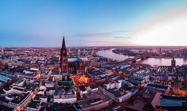Cologne Germany Christmas market, aerial drone view over Cologne rhine river Germany Europe