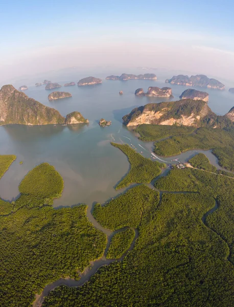 Sunrise Samet Nang She viewpoint Phangnga Bay Thailand , Drone view over the Bay — Stok fotoğraf