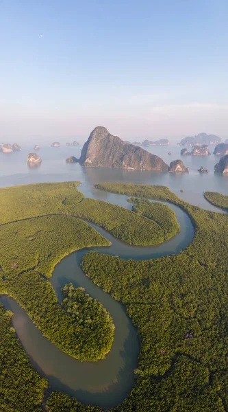 Sunrise Samet Nang She viewpoint Phangnga Bay Thailand , Drone view over the Bay — Stok fotoğraf