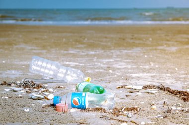 Chumphon Thailand January 2020, beach with lots of plastic bottle and stuff, Spilled garbage on the beach