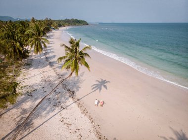 Tayland 'ın Chumphon bölgesindeki Thun Wua Laen plajı, yukarıdan beyaz kumlu ve palmiye ağaçlı İHA manzarası, beyaz sahilde yürüyen çift.