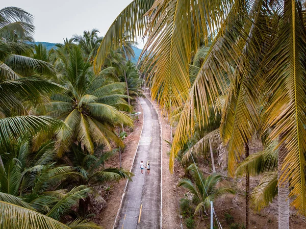 Thung Tako, Chumphon Tajlandia, palmy z góry w południowej części Tajalnd, para na drodze — Zdjęcie stockowe