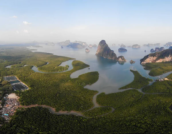 Aerial view over Phangnga Bay Thailand Phangnga, drone view over the lagoon during sunset — Stockfoto