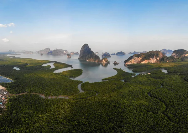 Aerial view over Phangnga Bay Thailand Phangnga, drone view over the lagoon during sunset — Stockfoto