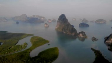 Aerial view over Phangnga Bay Thailand Phangnga, drone view over the lagoon during sunset Sameth Nang She viewpoint flying over lagoon