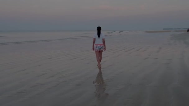 Khao Lak plage Phuket Thaïlande au lever du soleil sur la plage de sable blanc avec des palmiers, femme marche sur la plage — Video