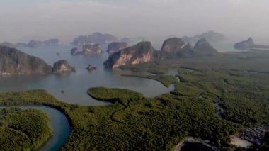 Aerial view over Phangnga Bay Thailand Phangnga, drone view over the lagoon during sunset
