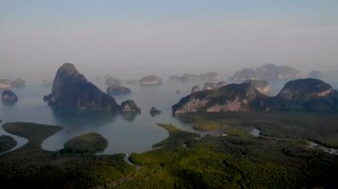 Aerial view over Phangnga Bay Thailand Phangnga, drone view over the lagoon during sunset