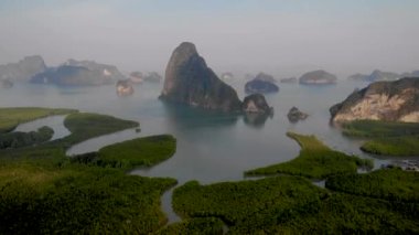 Aerial view over Phangnga Bay Thailand Phangnga, drone view over the lagoon during sunset