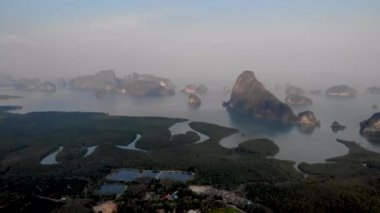 Aerial view over Phangnga Bay Thailand Phangnga, drone view over the lagoon during sunset